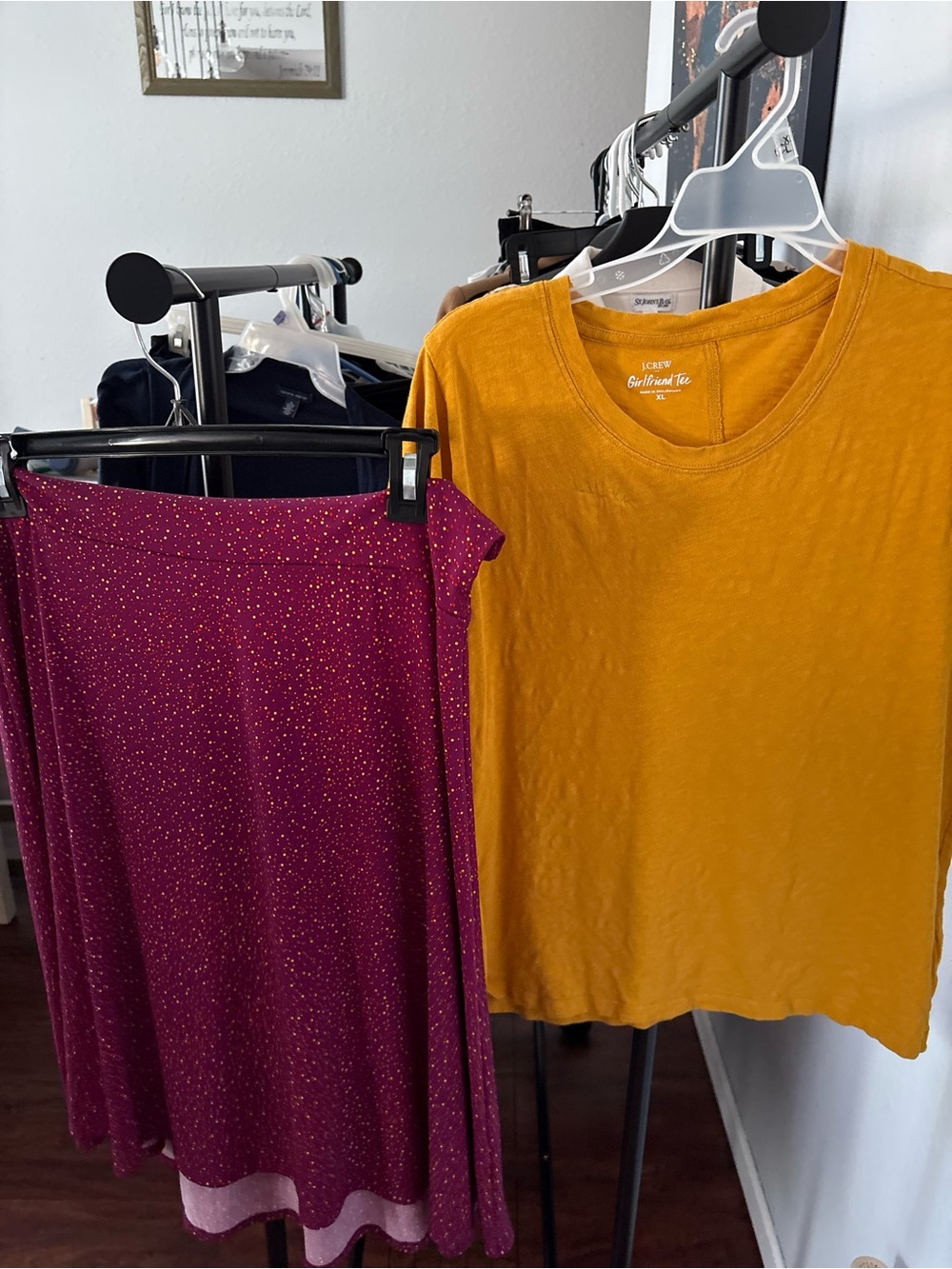 J. Crew Mustard Yellow Tee with Magenta  Skater Skirt